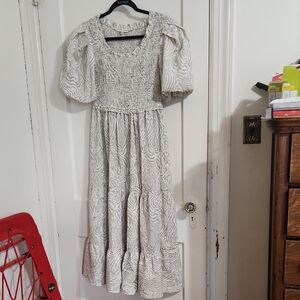Moon River Cream Patterned Midi Dress